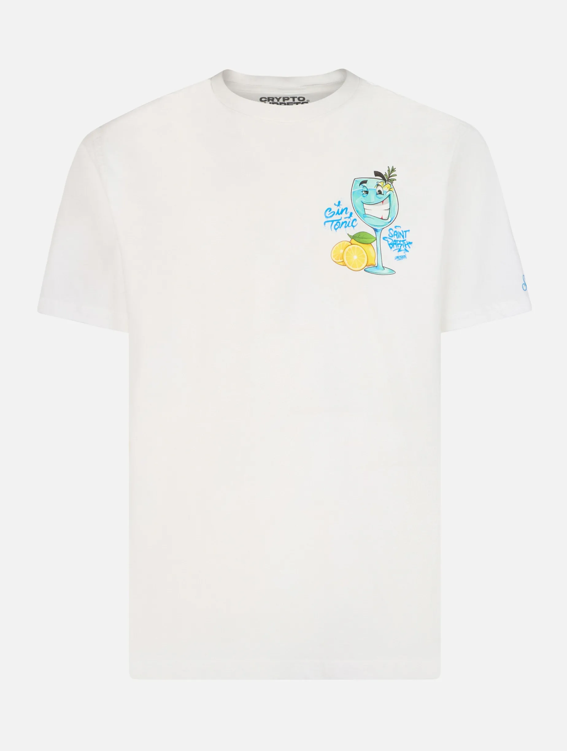 T-shirt da uomo in cotone con stampa piazzata Cryptopuppets Gin Tonic davanti e dietro | EDIZIONE SPECIALE CRYPTOPUPPETS