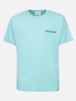 T-shirt da uomo in cotone con stampa piazzata cartolina Porto Cervo Addicted