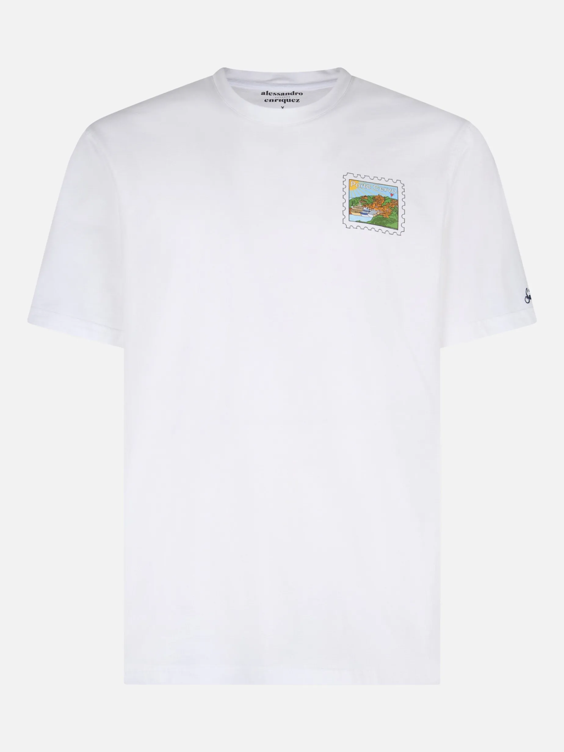 T-shirt da uomo in cotone con stampa fronte e retro cartolina di Porto Cervo | EDIZIONE SPECIALE ALESSANDRO ENRIQUEZ