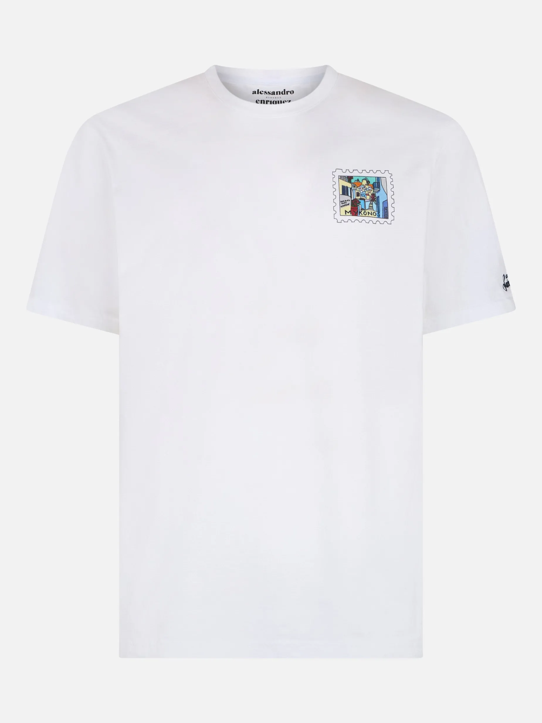 T-shirt da uomo in cotone con stampa fronte e retro cartolina di Mykonos | EDIZIONE SPECIALE ALESSANDRO ENRIQUEZ