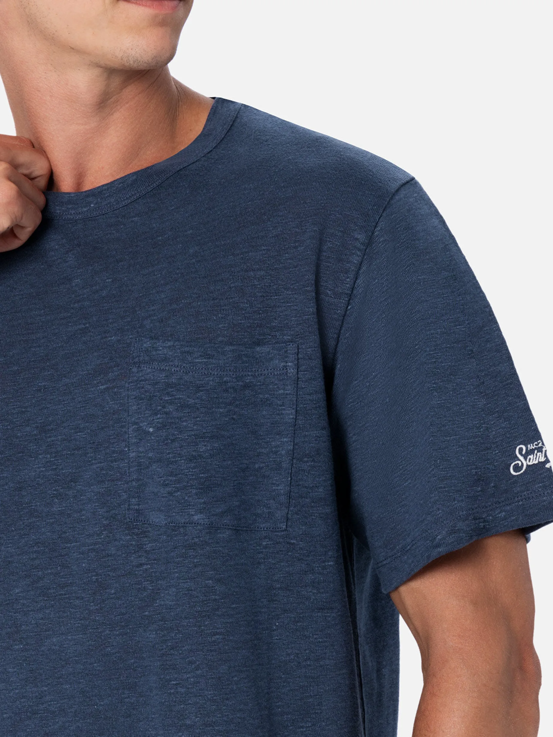 T-shirt da uomo in jersey di lino blu navy Ecstasea con taschino
