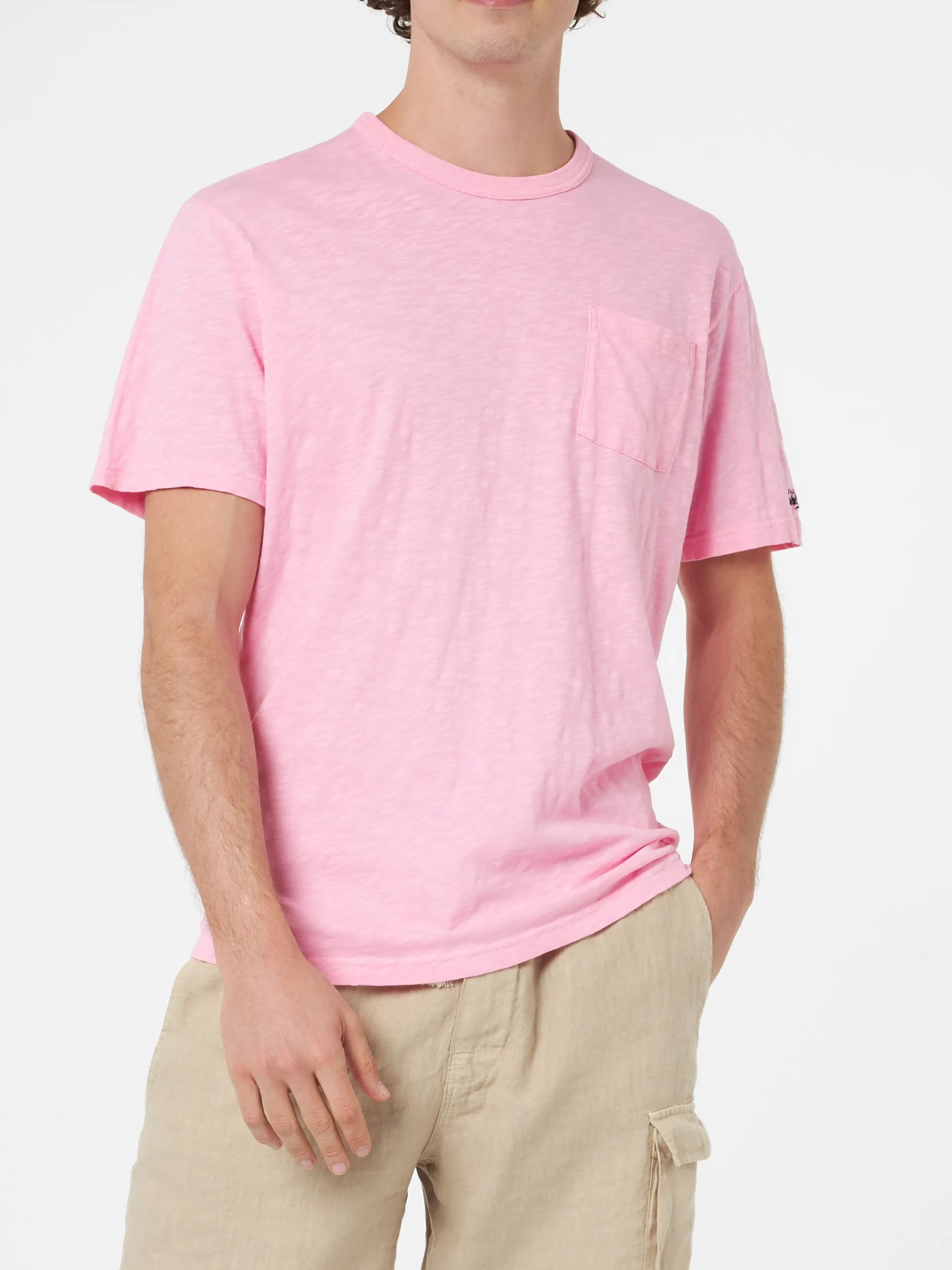 T-shirt da uomo President in cotone fiammato rosa con ricamo