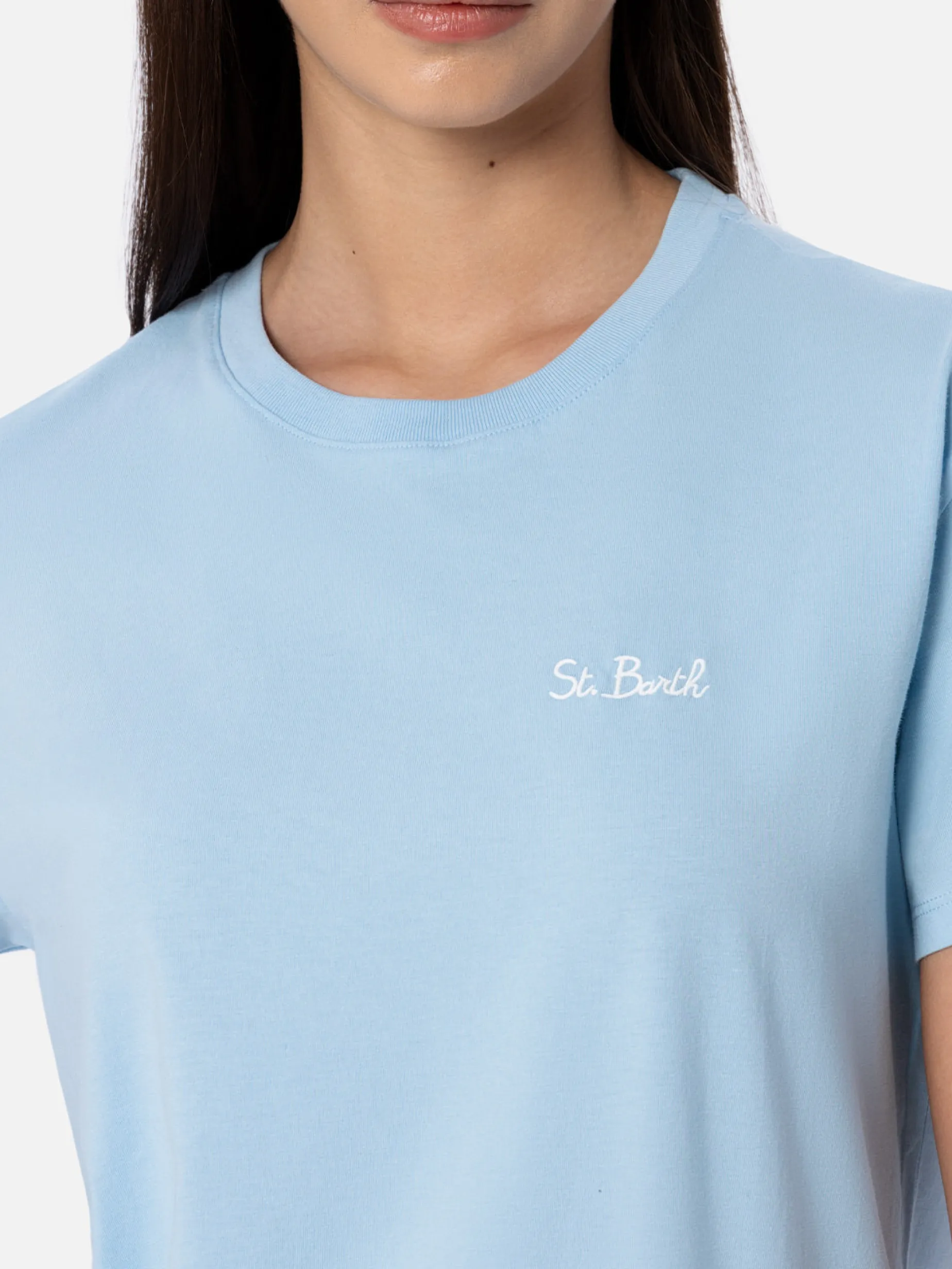 T-shirt girocollo in jersey di cotone azzurro chiaro da donna Emilie