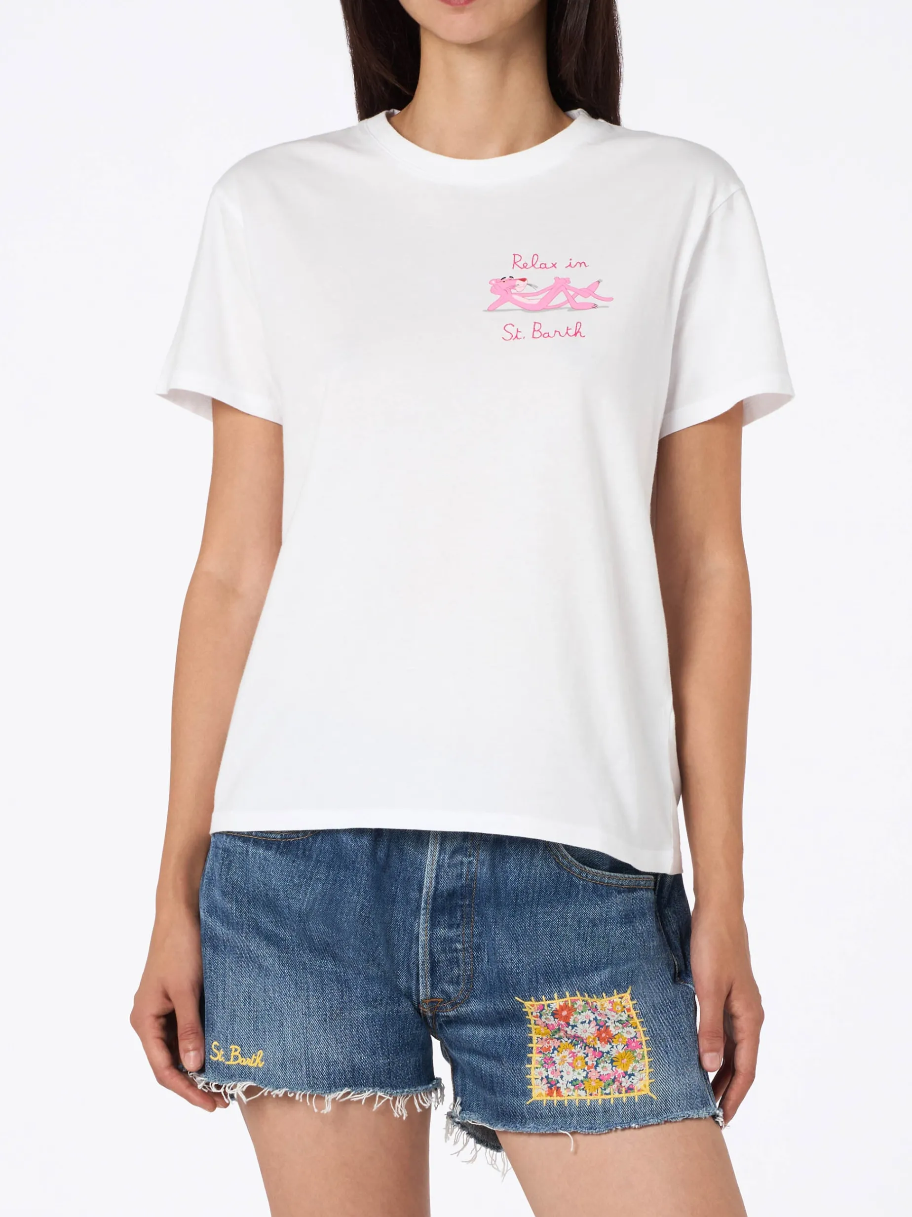 T-shirt girocollo in jersey di cotone bianco da donna Emiilie con ricamo Relax in St. Barth | EDIZIONE SPECIALE PINK PANTHER