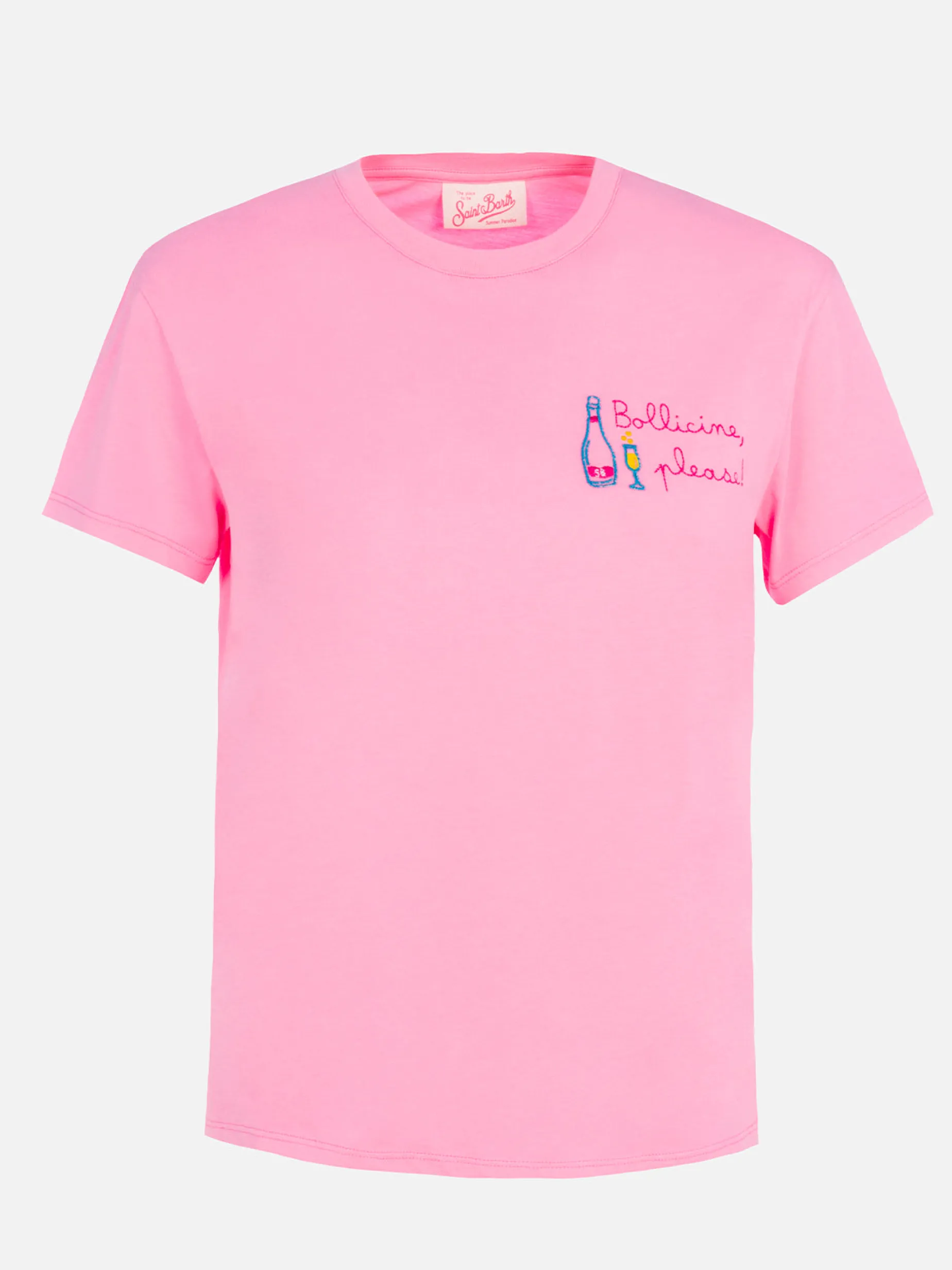 T-shirt girocollo in jersey di cotone rosa da donna Emilie con ricamo Bollicine, please