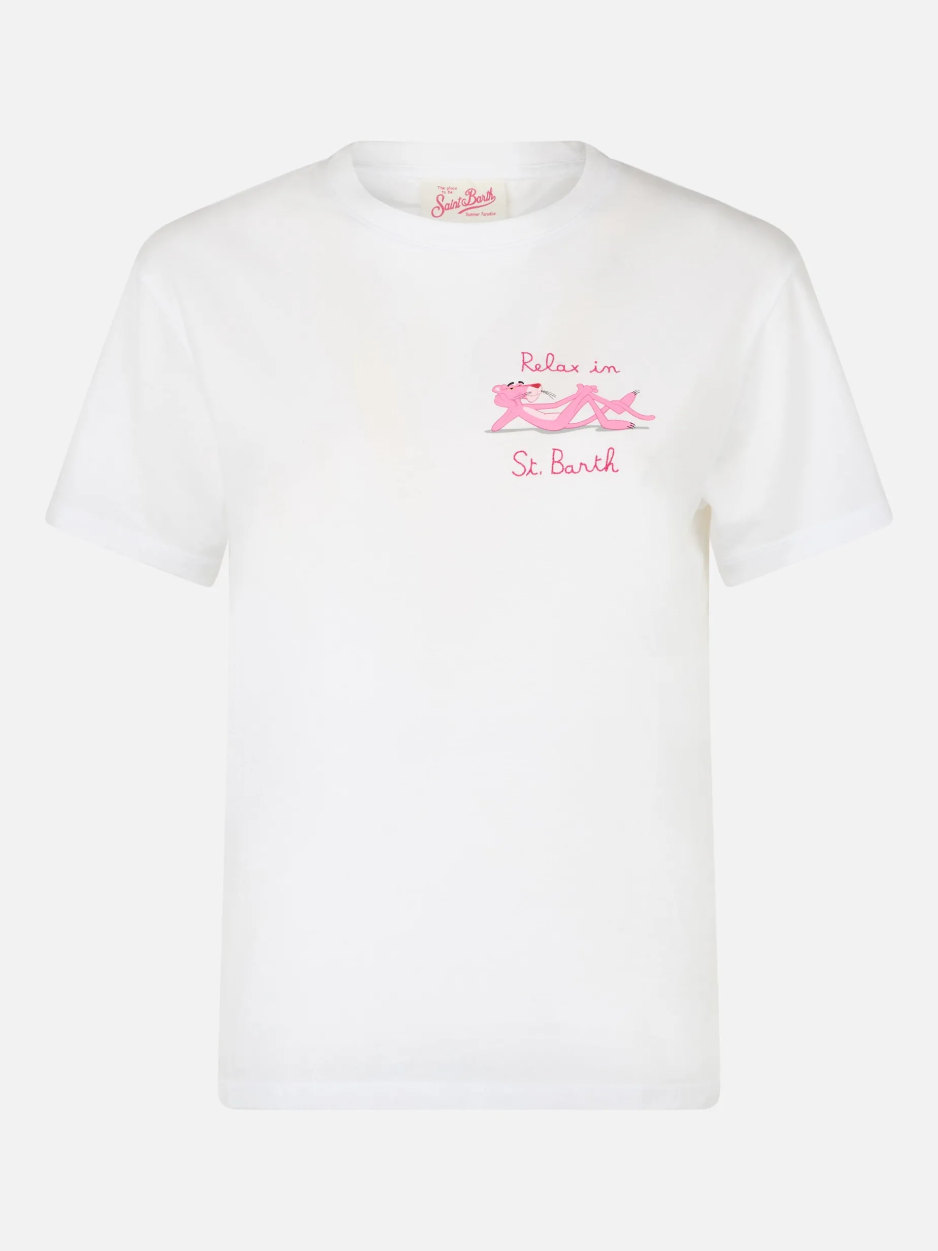 T-shirt girocollo in jersey di cotone bianco da donna Emiilie con ricamo Relax in St. Barth | EDIZIONE SPECIALE PINK PANTHER