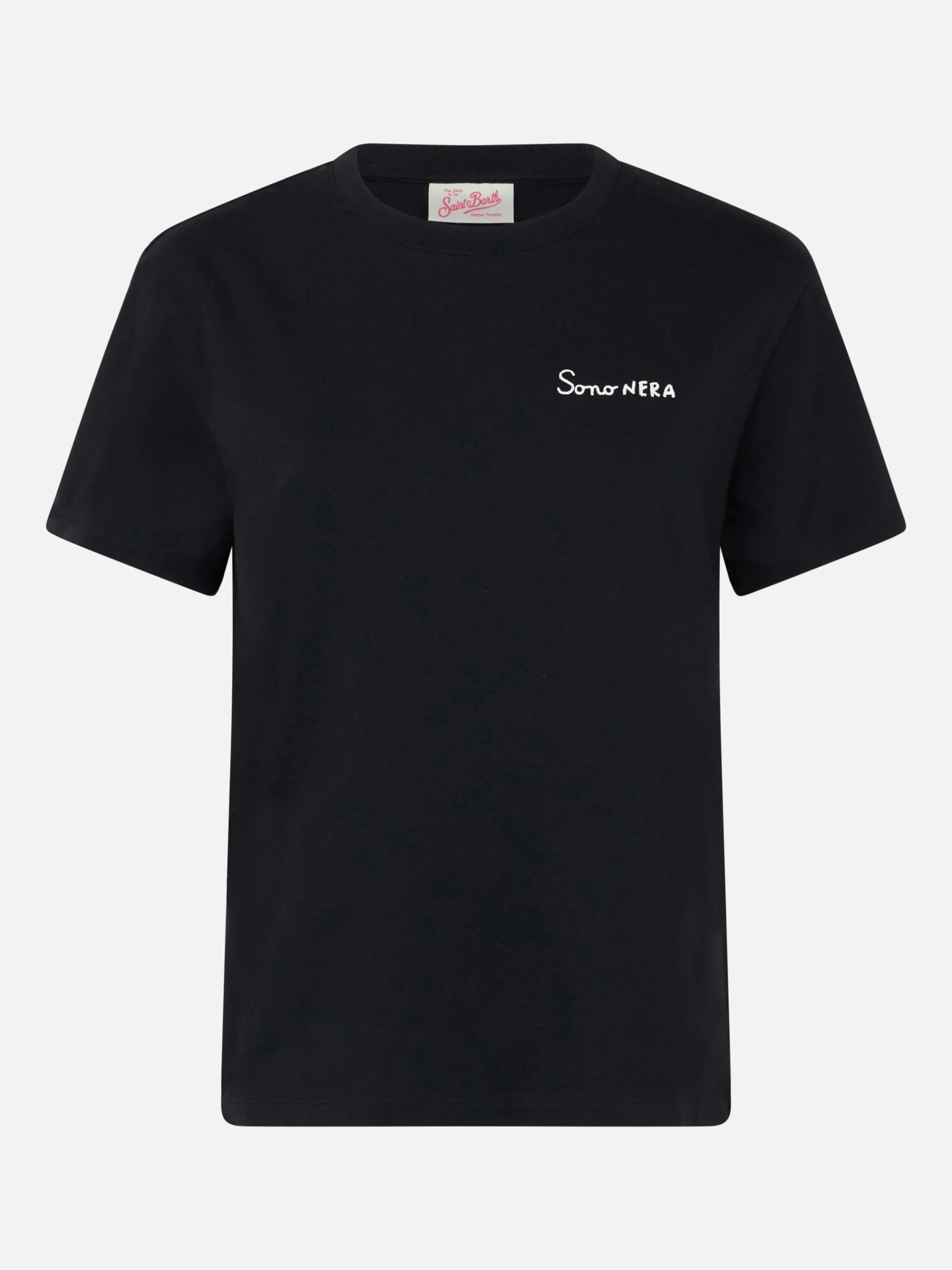 T-shirt girocollo in jersey di cotone nero da donna Emilie con ricamo Sono nera