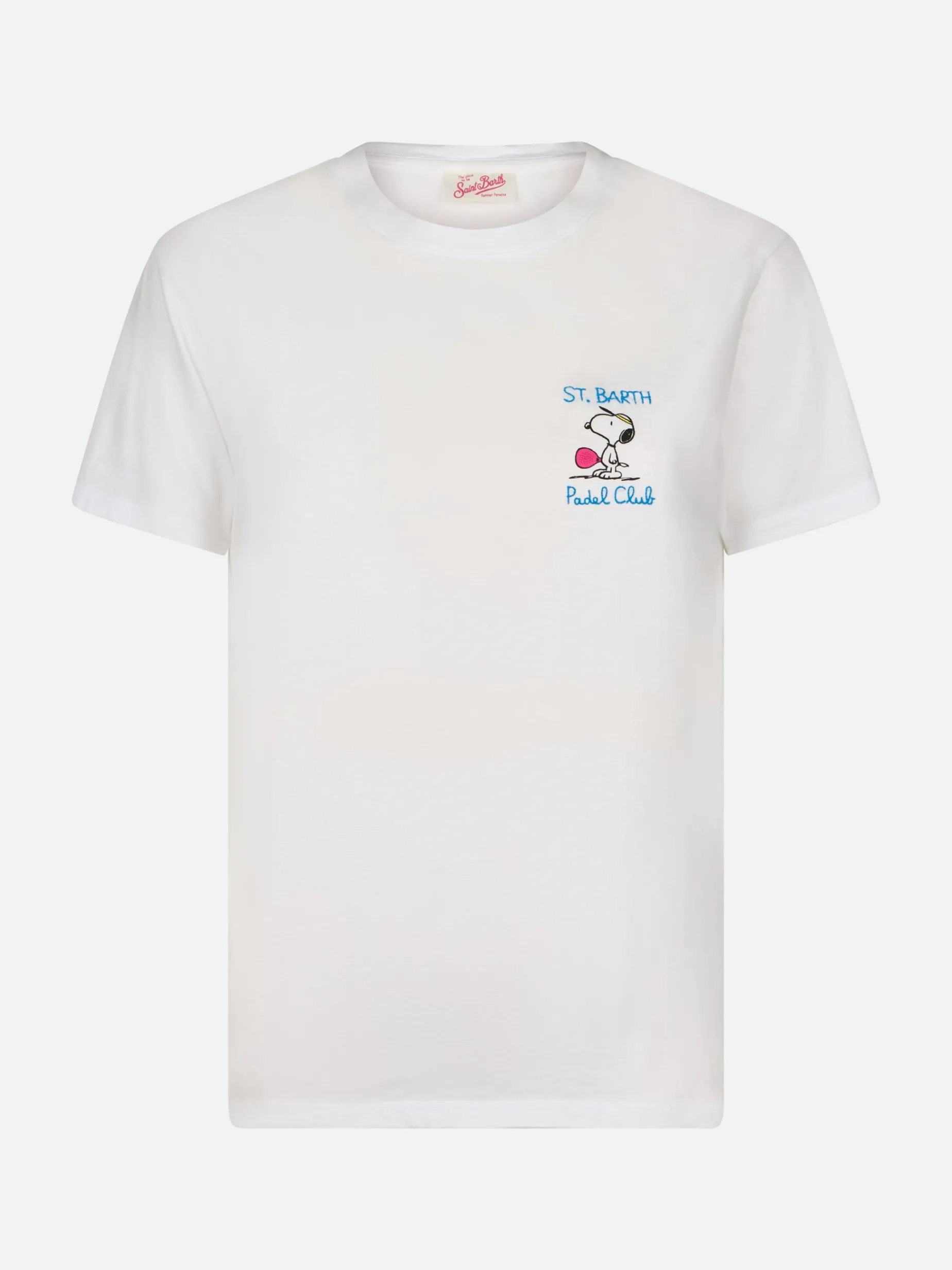 T-shirt girocollo in jersey di cotone rosa da donna Emilie con ricamo Snoopy St. Barth Padel Club | EDIZIONE SPECIALE SNOOPY PEANUTS