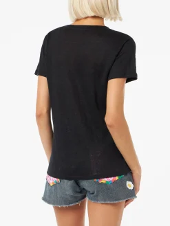 T-shirt nera scollo a V Eloise in jersey di lino