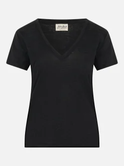 T-shirt nera scollo a V Eloise in jersey di lino