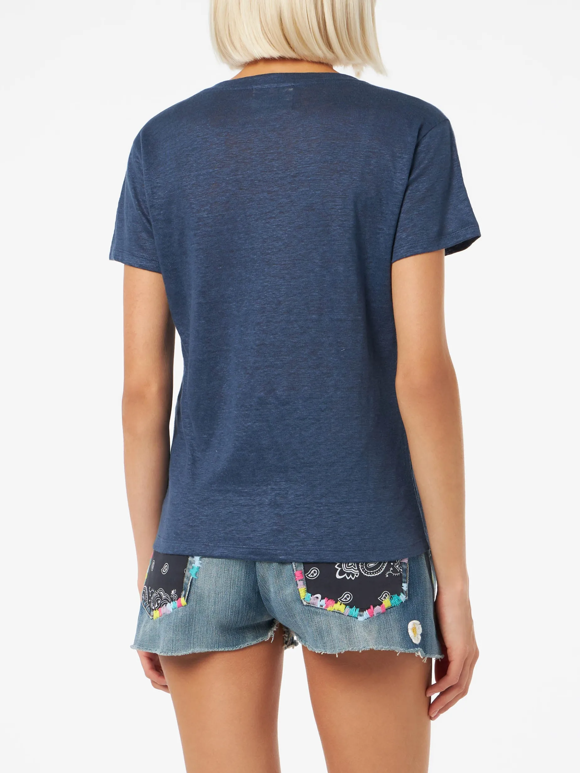 T-shirt scollo a V Eloise in jersey di lino blu navy
