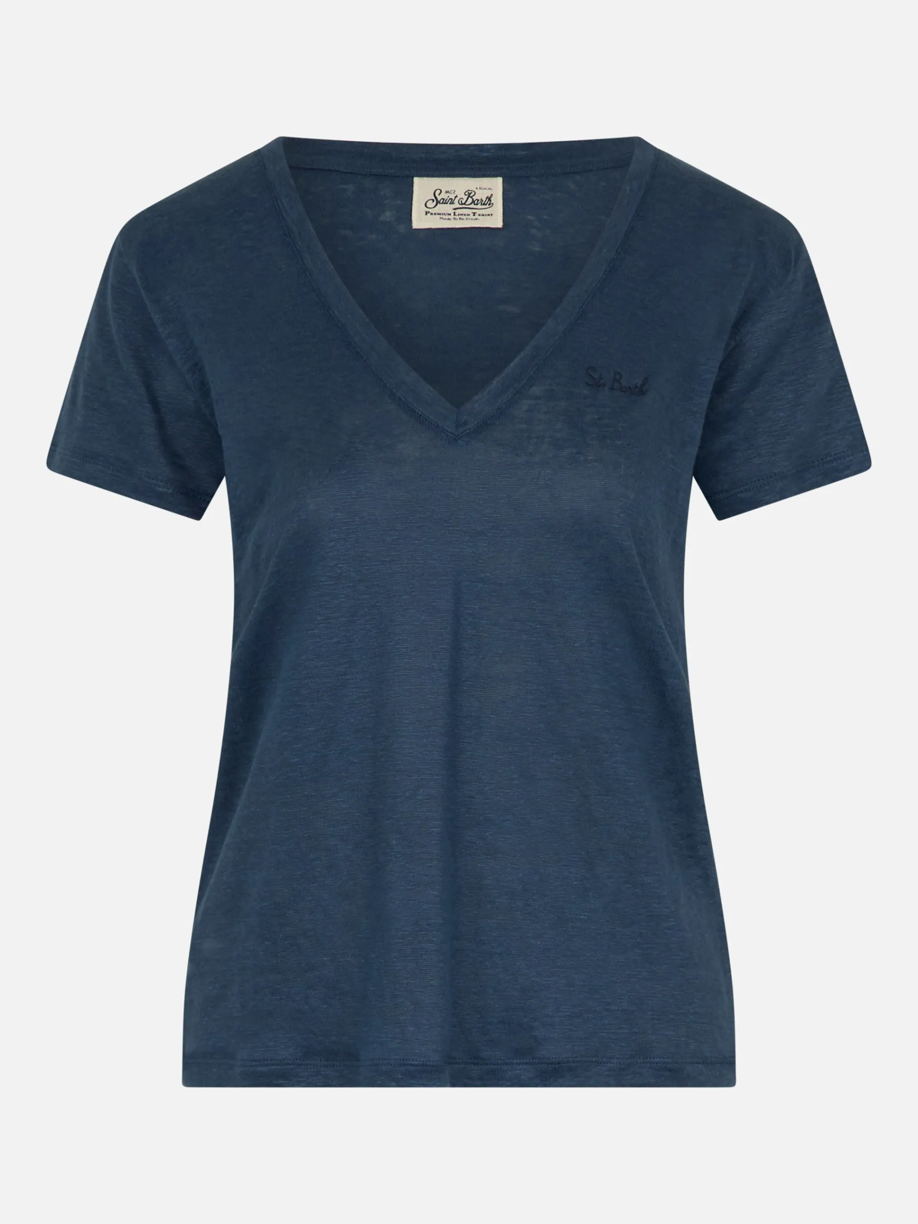 T-shirt scollo a V Eloise in jersey di lino blu navy
