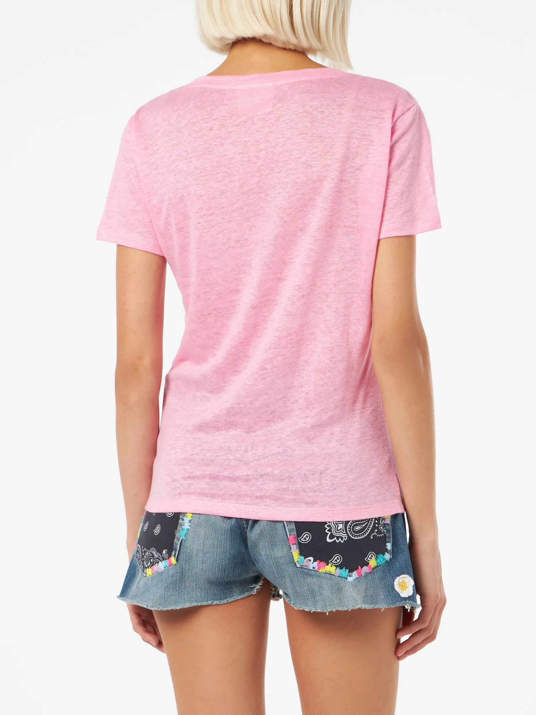 T-shirt scollo a V rosa Eloise in jersey di lino